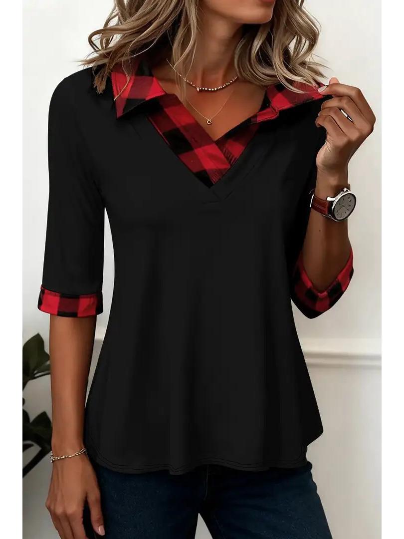 Spring/Summer 2026 Women s Solid Color Plaid Patchwork Casual Top XXL чёрный