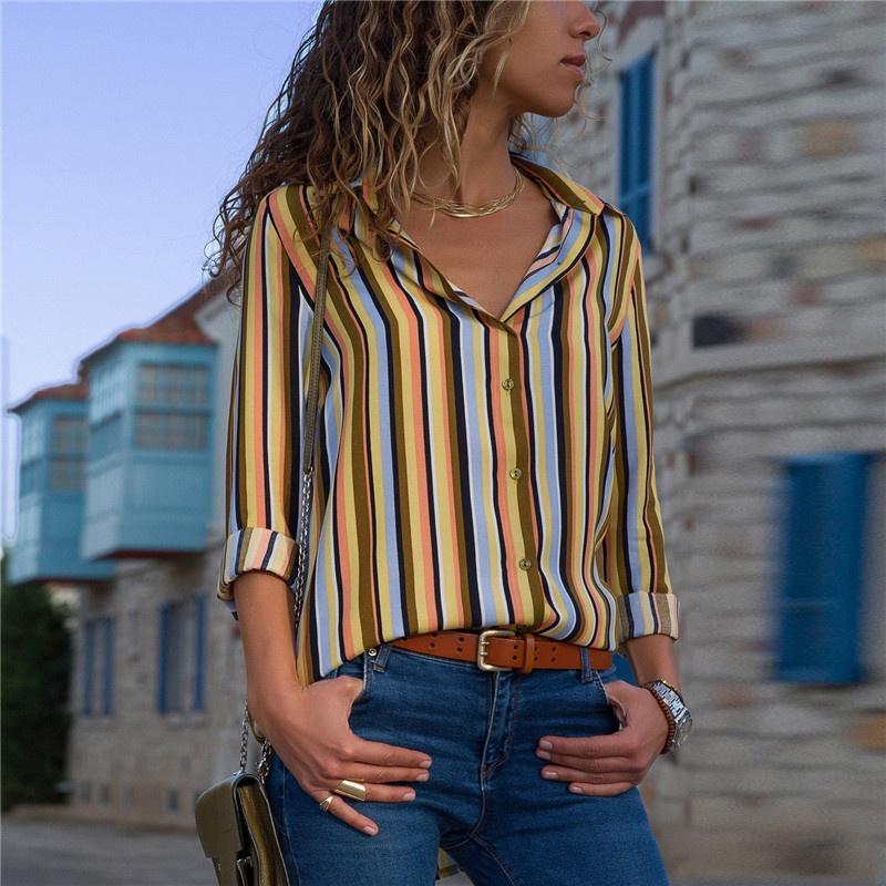 Women Autumn Striped Floral Long Sleeve Button V Neck T Shirt Casual Blouse Tops For Effortless Style And Comfort