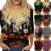 Women's Casual Halloween Print Round Neck Three Quarter Sleeve T Shirt Top Lightweight Comfortable Fit Seasonal Graphic Tee