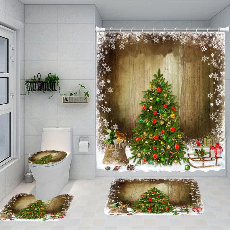 Christmas Series Shower Curtain Digital Printing Bathroom Shower Curtain Four-Piece Polyester Shower Curtain