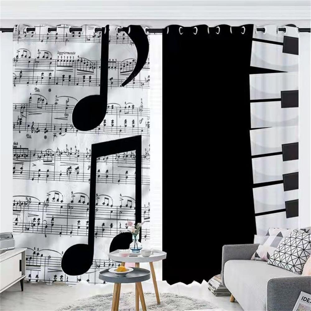 Black Music Abstract Piano Note Art Modern Thin 2 Pieces Light Filtering Curtains for Living Room Bedroom Window Drape Decor