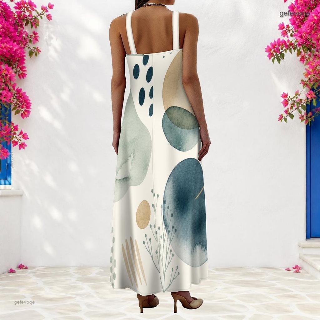 Women Plus Size Scoop Neck Strappy Sleeveless Geometric Printed A Line Maxi Dress