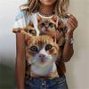 Maglietta da donna alla moda, con stampa 3D, motivo a gatto kawaii, a maniche corte, girocollo, estiva, casual, da strada, semplice