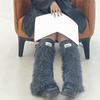 Womens Y2K Girls Winter Furry Leg Warmer wtih Drawstring Harajuku Letter Label Furry Plush Flared Boot Cover Long Socks