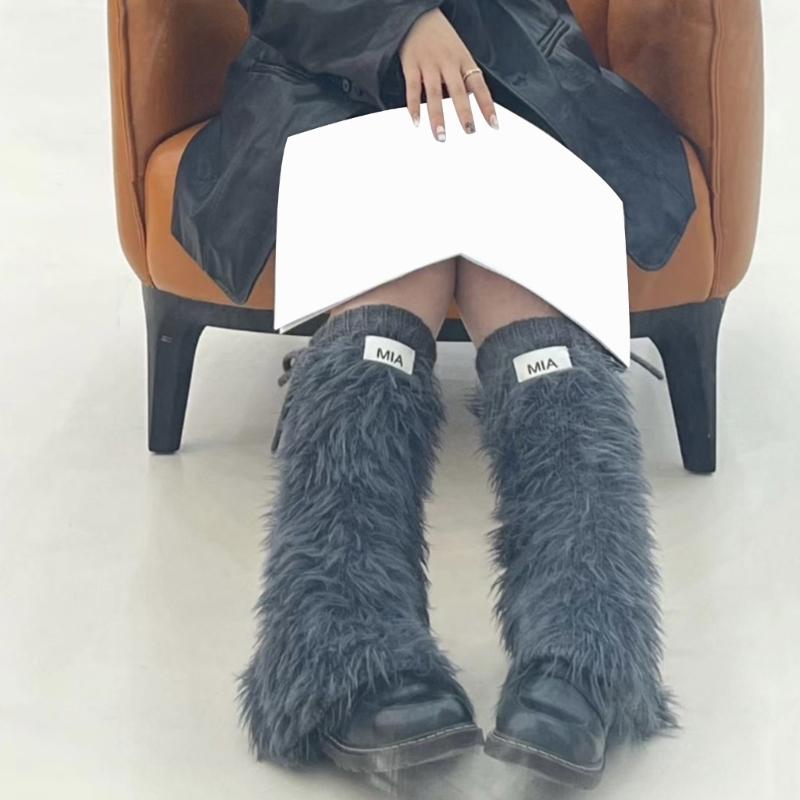 Womens Y2K Girls Winter Furry Leg Warmer wtih Drawstring Harajuku Letter Label Furry Plush Flared Boot Cover Long Socks