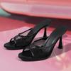 NEW Fashion Breathable Hollow Mesh Woman Slippers  Sexy Square Toe Sandals Stiletto High Heels Sliders Shoes Plus Size 35-42