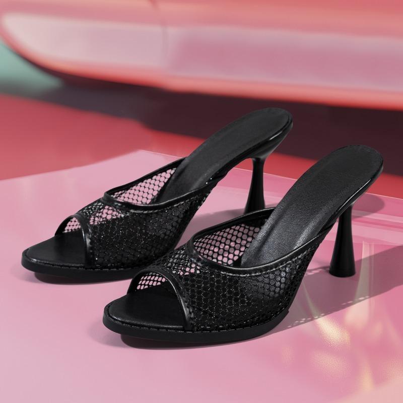 NEW Fashion Breathable Hollow Mesh Woman Slippers Sexy Square Toe Sandals Stiletto High Heels Sliders Shoes Plus Size 35-42