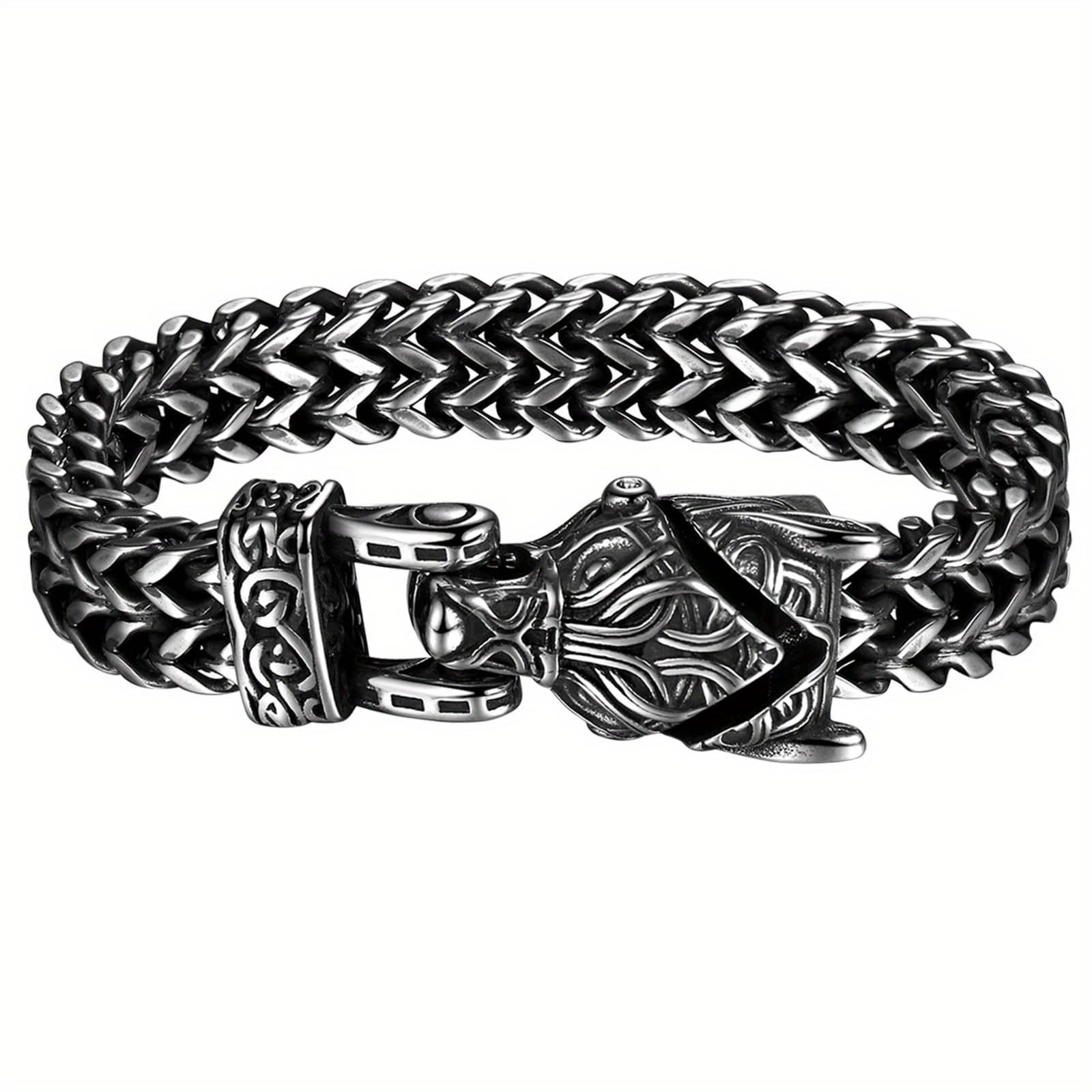 JewelryWe Men s Viking Wolf and Nordic Knot Bracelet - Stainless steel Viking chain with wolf head pendant, Celtic knot design.