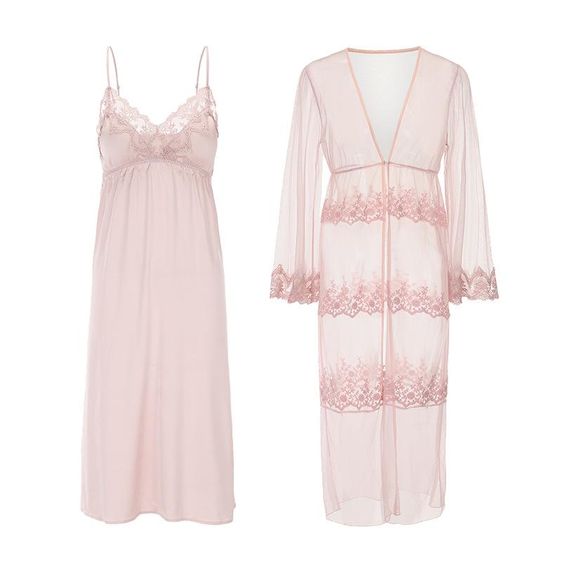 Women's Sheer Mesh Push Up Padded Cami Sleep Dress with Robe Lounge Set