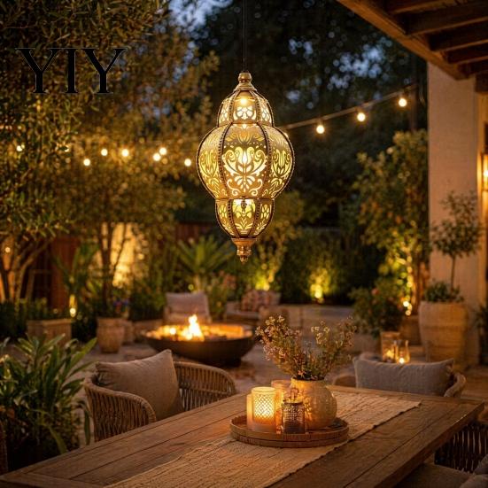 Patterned Shadow Solar Lights Hanging Lights, Moroccan Style Waterproof Outdoor Lanterns, Automatic Dusk to Dawn Powered Garden Lighting for