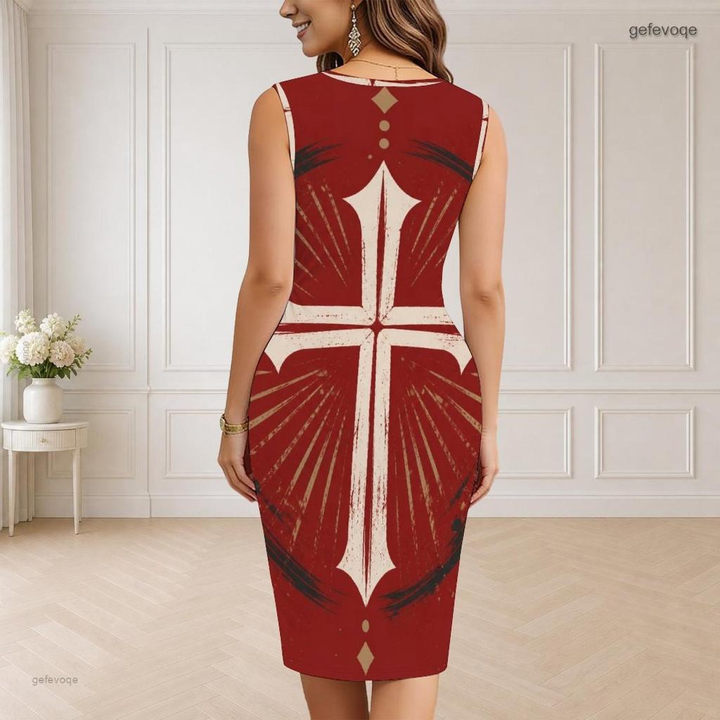 Women Plus Size V Neck Sleeveless Printed Bodycon Midi Dress Red Blue Star Pattern