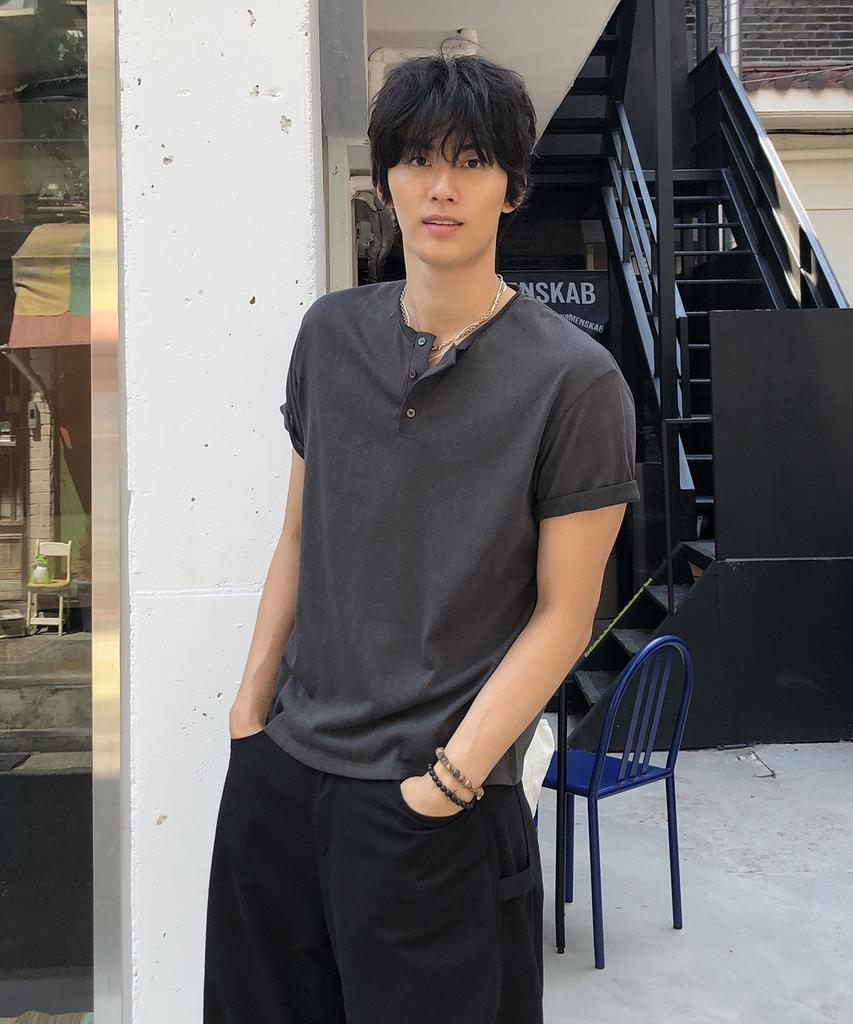 Dei Semi-Crop Henley Neck Slub Short Sleeve T-Shirt_5 Color