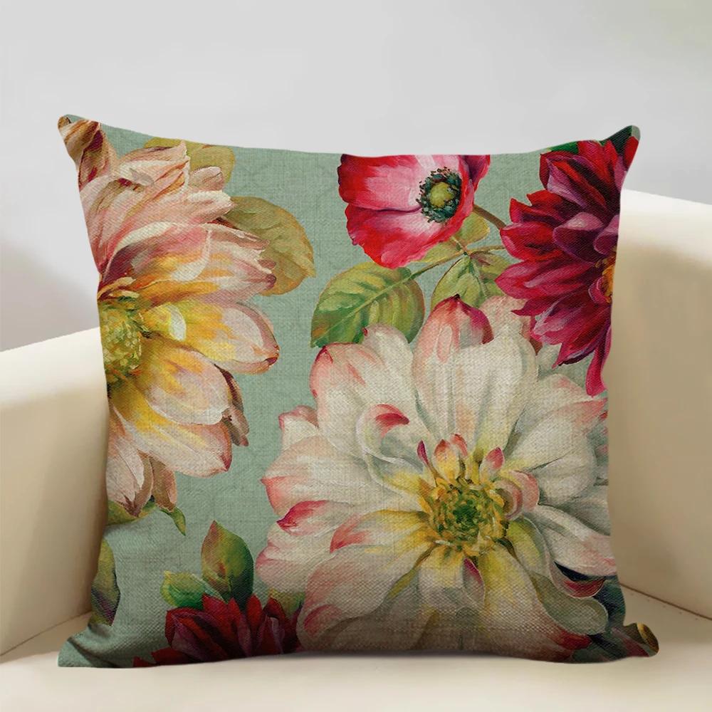 Retro Style Cushion Cover 45x45cm Linen Pillow Case Living Room Sofa Decor Pillowcase Colorful Exquisite Flower Pattern Car Seat