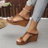 Fashion Retro Brown Pu Narrow Band Slides Women 2025 Summer Fashion Round Toe Wedge Heel Slippers Elegant Soft Sole Shoes Plus Size 43