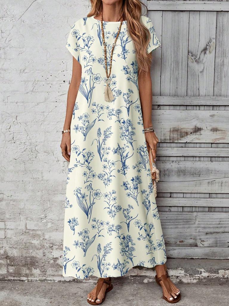 Casual Versatile Patterned Summer Dress For Women,Casual Women's Dresses Short Sleeve Modest Bohemian Maxi Floral Print