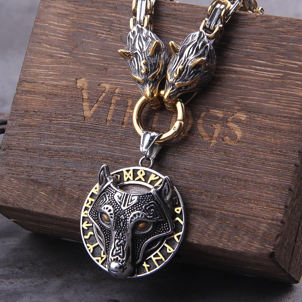 Stainless Steel Wolf Head Thor Hammer Mjolnir Viking Necklace Handmade Chain with Wooden Box Gift for Boyfriend