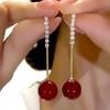 Trendy 2023 Red Bead Tassel Earrings: Elegant Medium-Length, Japanese Korean-Inspired Design