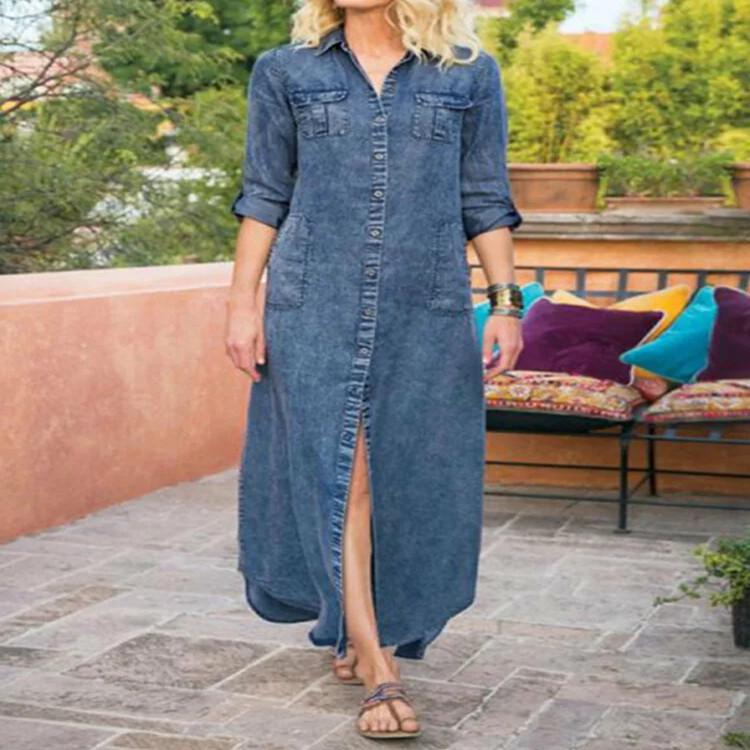 2023 Women's Loose Solid Color Casual Denim Dress - Single-breasted, Summer Style