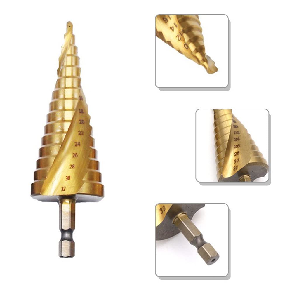 Step Drill, Helix, Hexagonal Axis Drill, Set of 3, Titanium , Spiral HSS Steel,