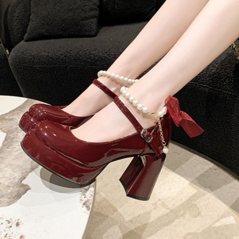 Bow Bead Mary Jane Shoes Pearl Chain Luxury Shoes for Women Coarse Order Platform Shoes Lolita White High Heels Zapatos De Mujer