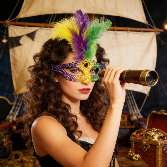 Masquerade Carnival Masque for Women Mardi Gras Purple Green Yellow Lace Feather Masque for Prom Ball Wedding Halloween Party Favors