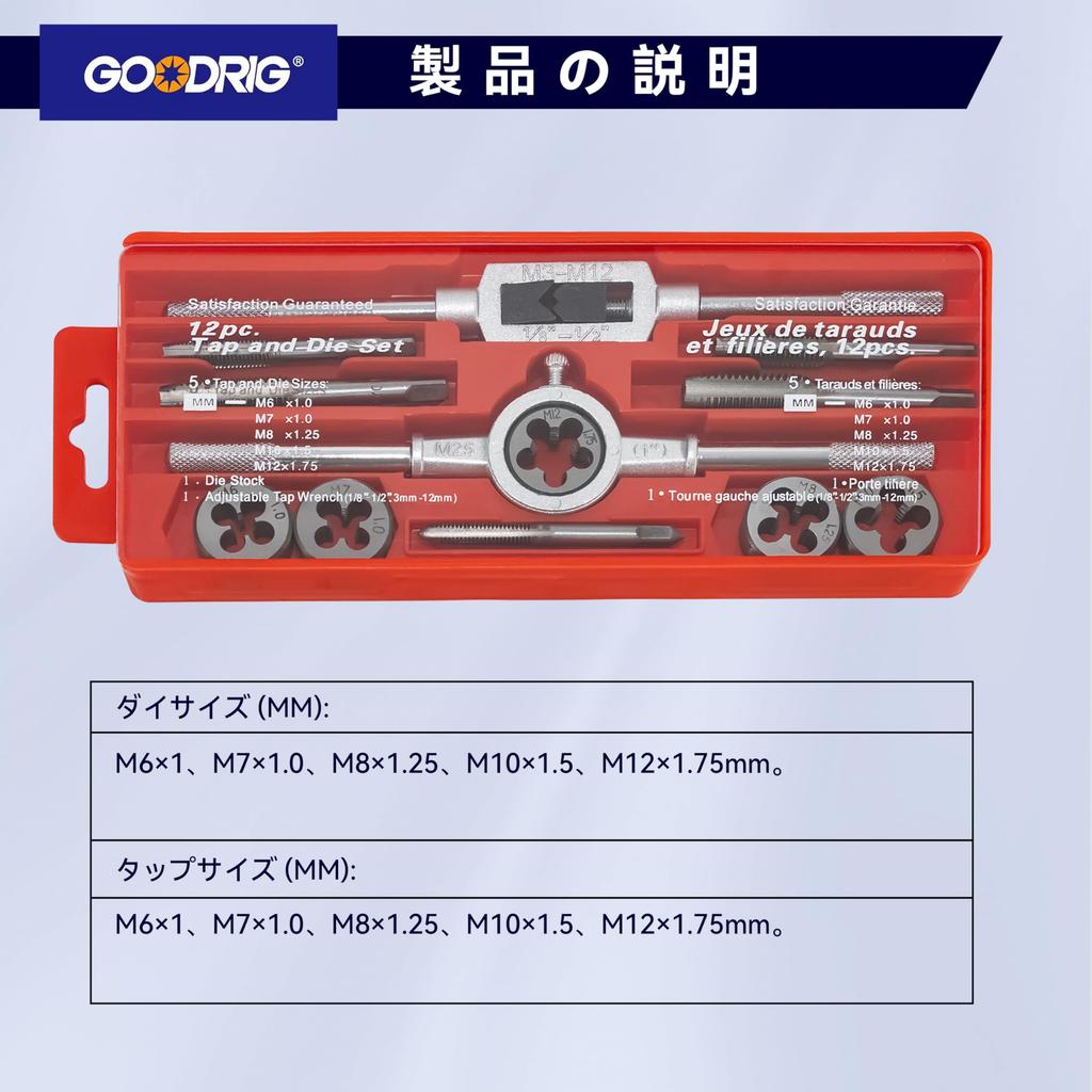 GOODRIG 12-Piece Tap and Die Set with Storage Case for Thread Repair