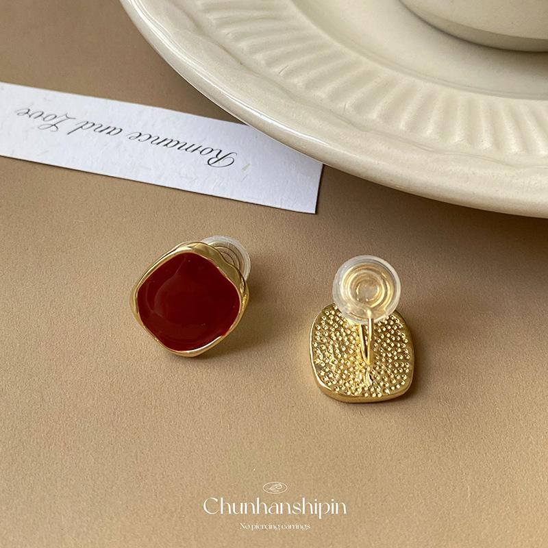 Retro Burgundy Square Drip Glaze Autumn and Winter Stud Earrings, Advanced Ear Clips Without Holes, Exquisite Earrings,light Luxury Earrings
