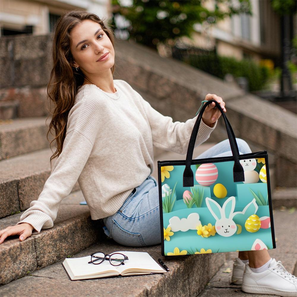 Cute Easter Bunny Pattern Tote Bag Portable Reusable Shopping Handbag for Daily Use