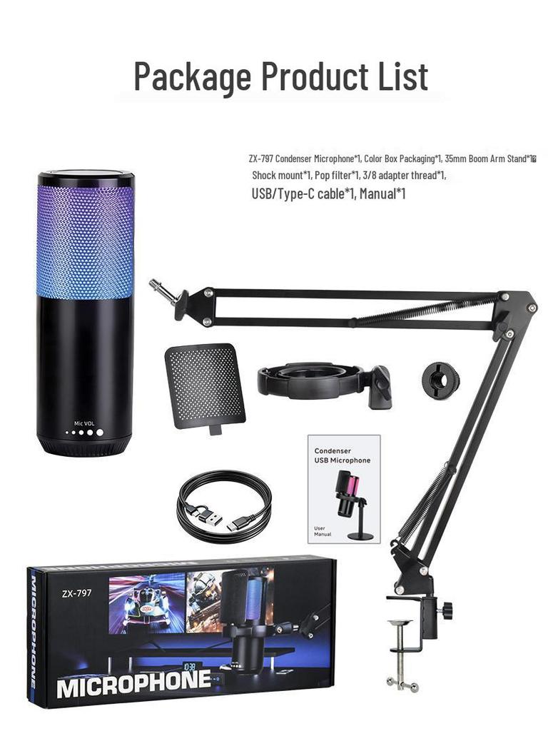 RGB USB Microphone with Desktop Boom Arm, One-Key Mute, Monitoring for Streaming, Gaming, Recording, KTV.
