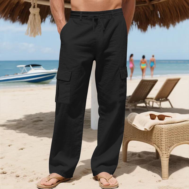 Men's Workwear Linen Trousers with Drawstring, Multiple Pockets, Straight Leg, Solid Colour, Breathable Outdoor Beach Casual Trousers