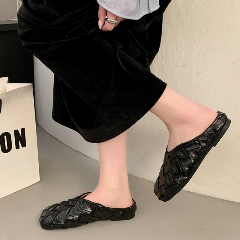 Fashion Spring New, Style Flat Sandals for Women Fashion Square Head Mid-mouth Woven Soft Sole Anti-slip Wear-resistant Slippers