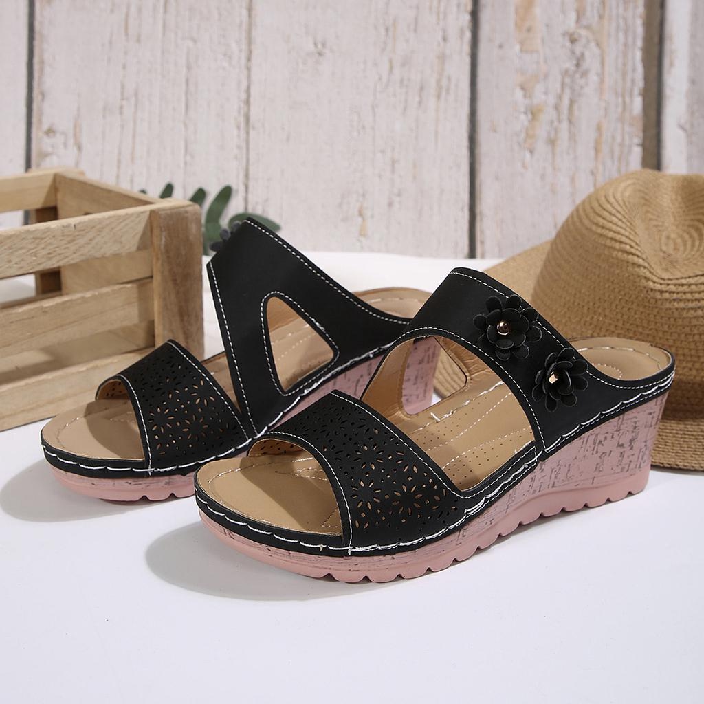 Summer New Style Slope Heel Thick Bottom Slippers Women's Shoes Solid Color Flower Decoration Slope Heel Slippers