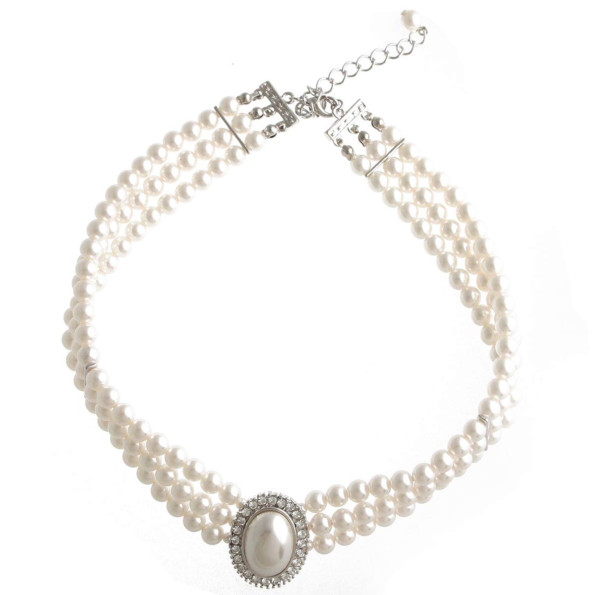 [Kobe VINGTAINE] VINGTAINE Triple Strand Gorgeous Pearl Oval Rhinestone Necklace Choker C14-68