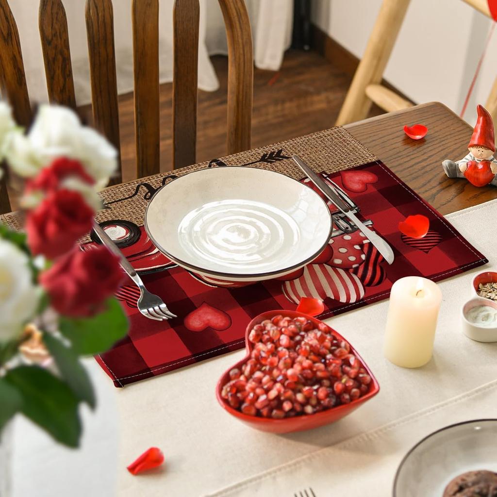 Valentine Placemats Set of 4, 12x18 Inch Black Red Buffalo Plaid Hearts Truck Love Table Mats for Party Kitchen Dining Decoration