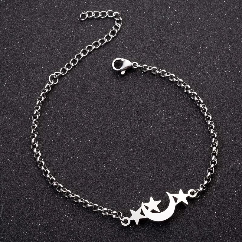 1pc Stainless Steel Women'S Fashion Chain Pendant Bracelet, Five-Pointed Star Moon Shaped Men'S Bracelet,