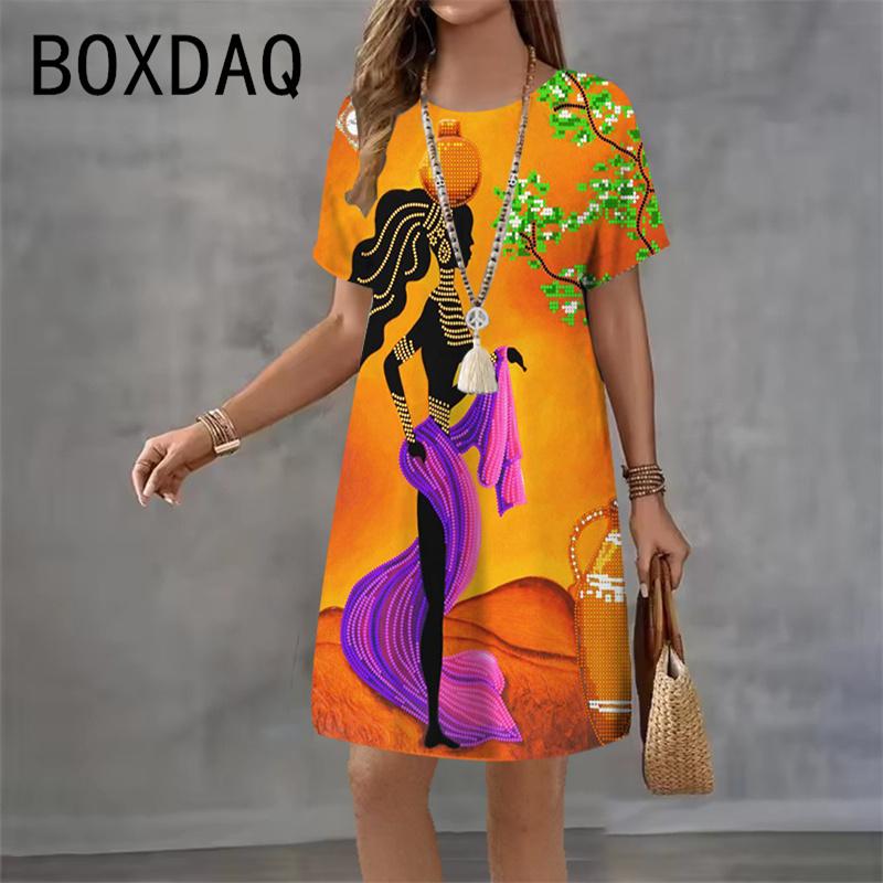 3D India Style Printed Dress Round Neck Short Sleeve Casual Mini Skirt for Women Summer 2026 New Beach Party Dress Vestidos