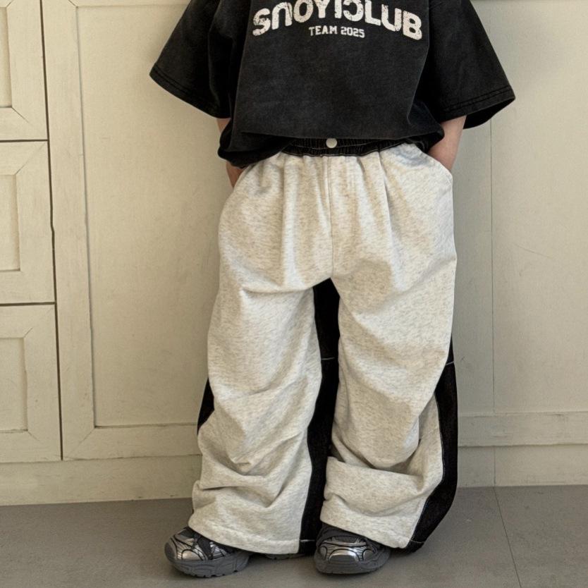 2025 Boys Denim Color Block Wide Leg Sweatpants - Casual Loose Fit, Pleated Straight-Leg Design