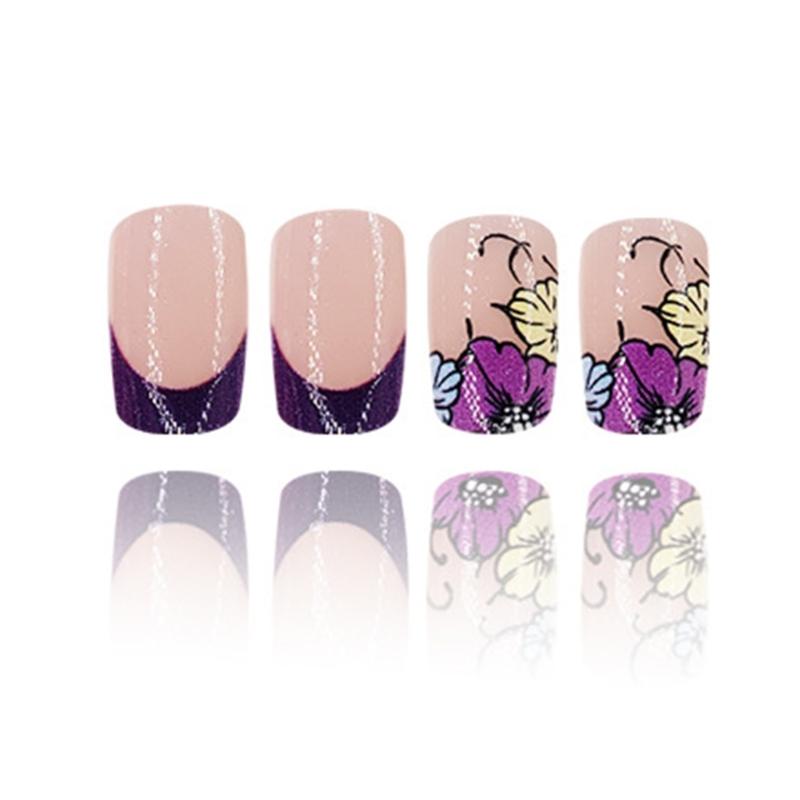 24 Pcs French Tip Stick On Nail Reusable Festival False Nail Medium Square Press On Nail Flower Artificial Nail