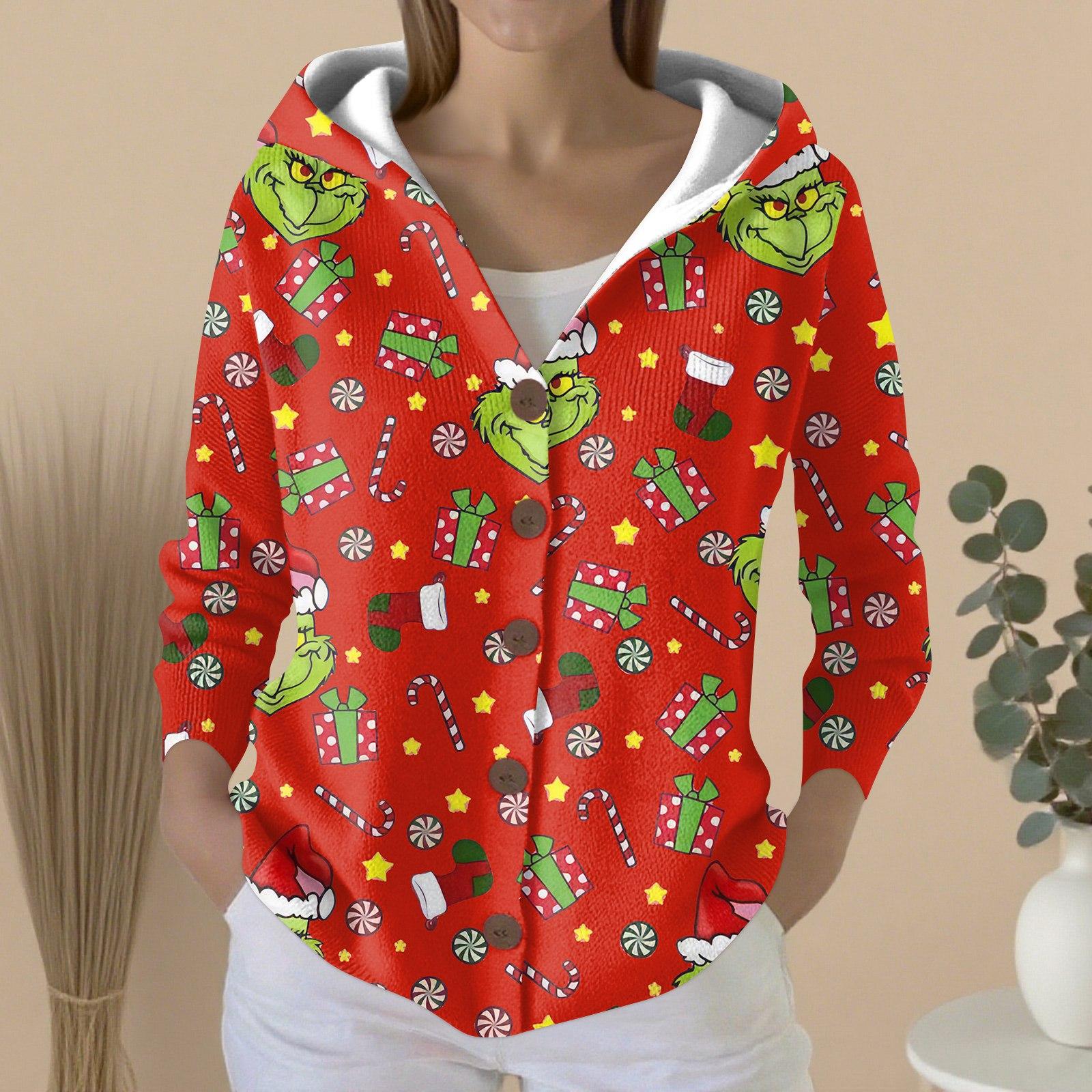 

Женский модный повседневный свитер на пуговицах с принтом, кардиган, куртка с капюшоном XXL