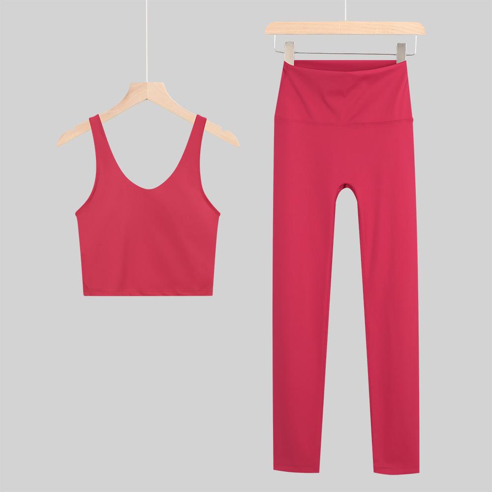 Lulu U-Back Sports Tank & 9-Point Yoga Pants Set with Bare-Feel Push-Up Bra for Women's Fitness