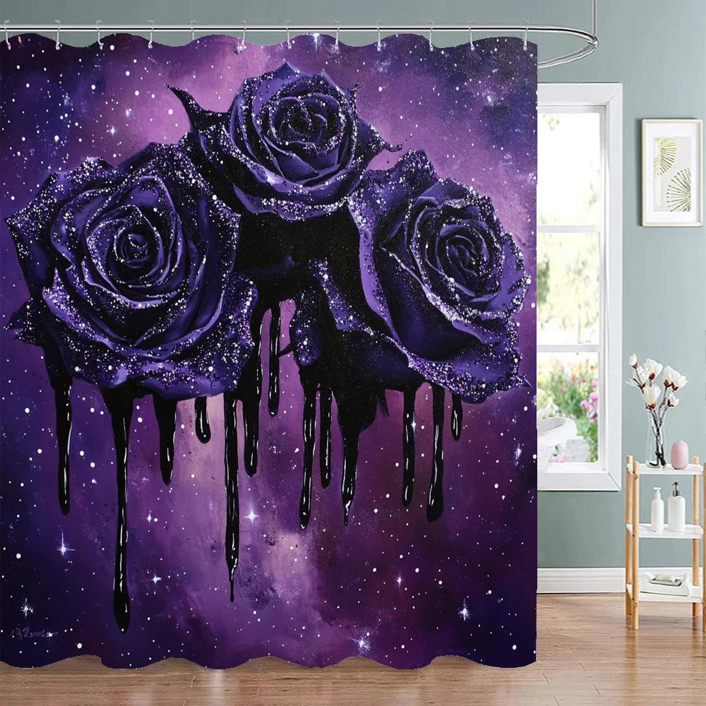 Shiny Purple Rose Flowers Shower Curtain, Bathroom Decorative Shower Curtain, Waterproof Shower Curtain with Hooks
