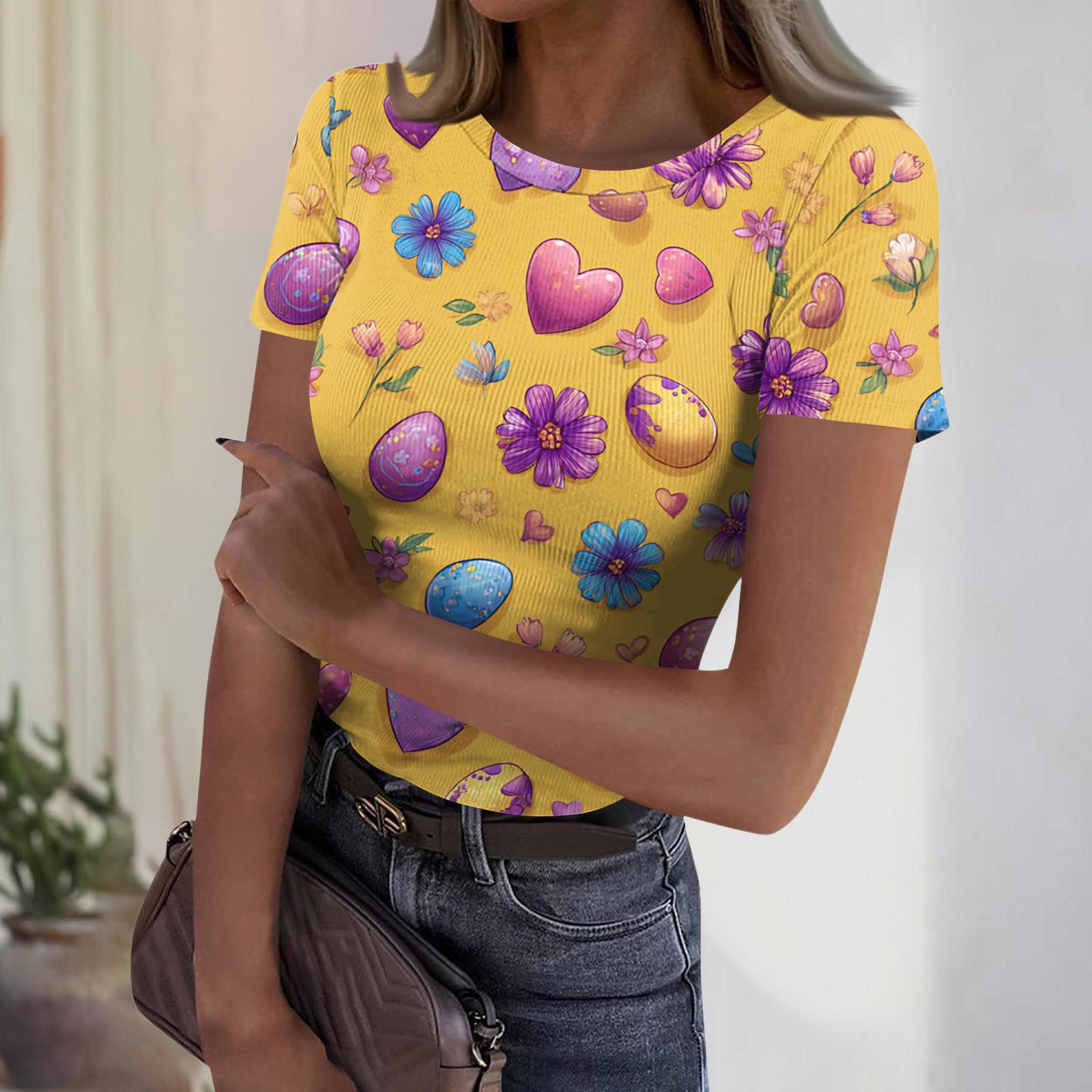 

Women s Casual Fashion Round Neck Easter Print Short Sleeve Ribbed Top M