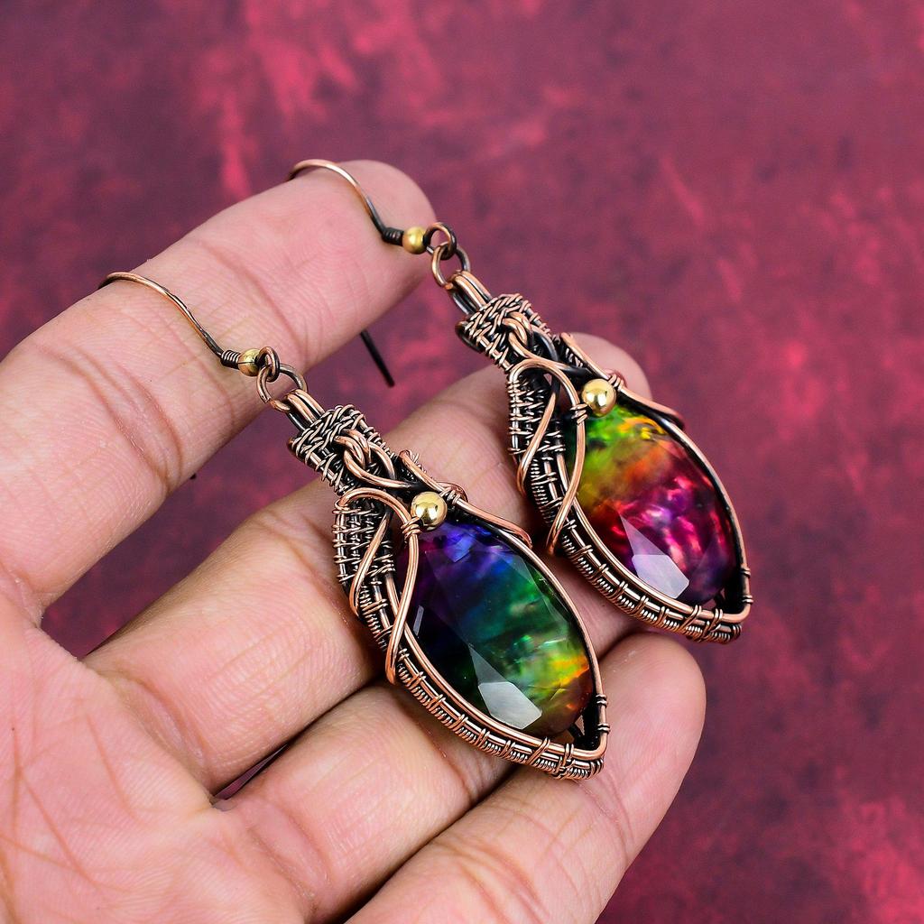 Faceted Ammolite Earring Copper Wire Wrapped Earring Amazing Drop Earring Handmade Jewelry Gemstone Earrings For Gifts Copper Wire Jewelry