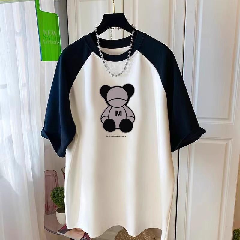 New Summer Short-sleeved T-shirt for Women's Pure Cotton Loose Large Size Bottom Missing Mid-length Contrast Top