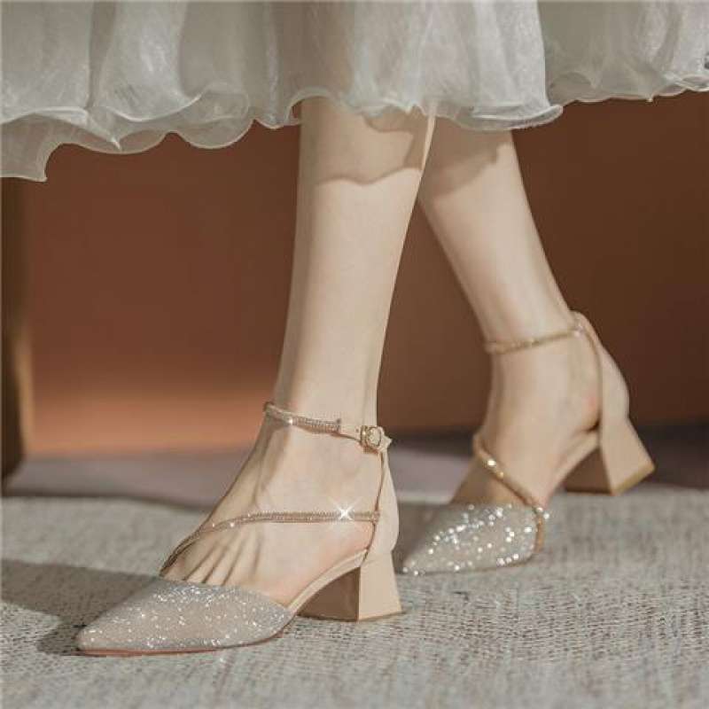 Coarse-heeled high-heeled shoes for women's 2025 new spring and autumn versatile pointed one-word buckle with rhinestones with skirt