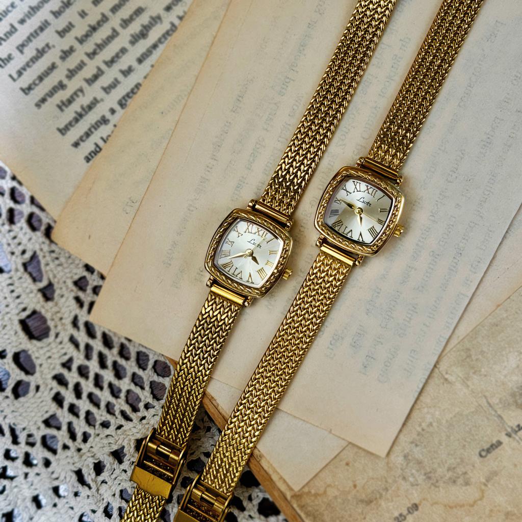 1pc French Vintage Gold Dial Quartz Copper Watchband Women's Wristwatch, Elegant, able, Exquisite watch for women