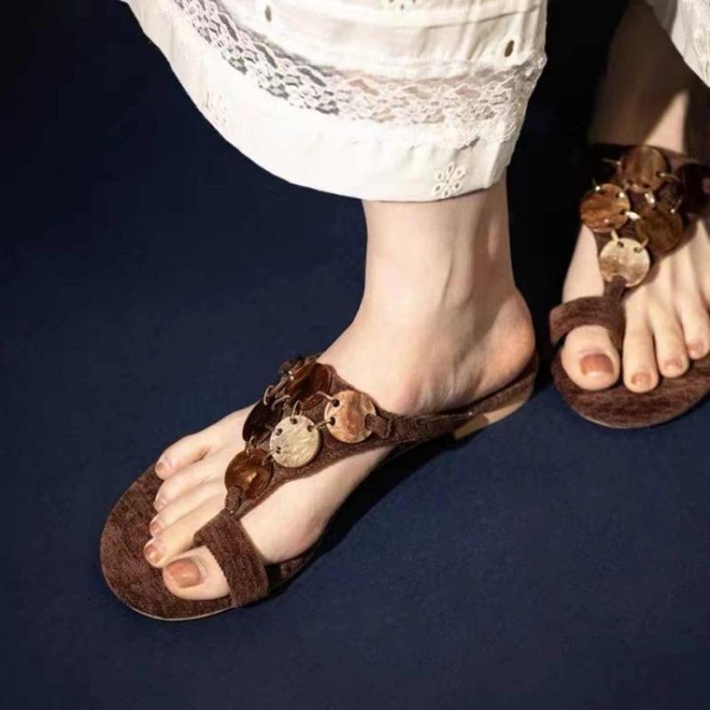 Fashion Vintage Amber Brown Toe Clip-in Flip Slippers Women's Summer New Low Heel Open Toe Anti-slip Wear-resistant Cool Slippers