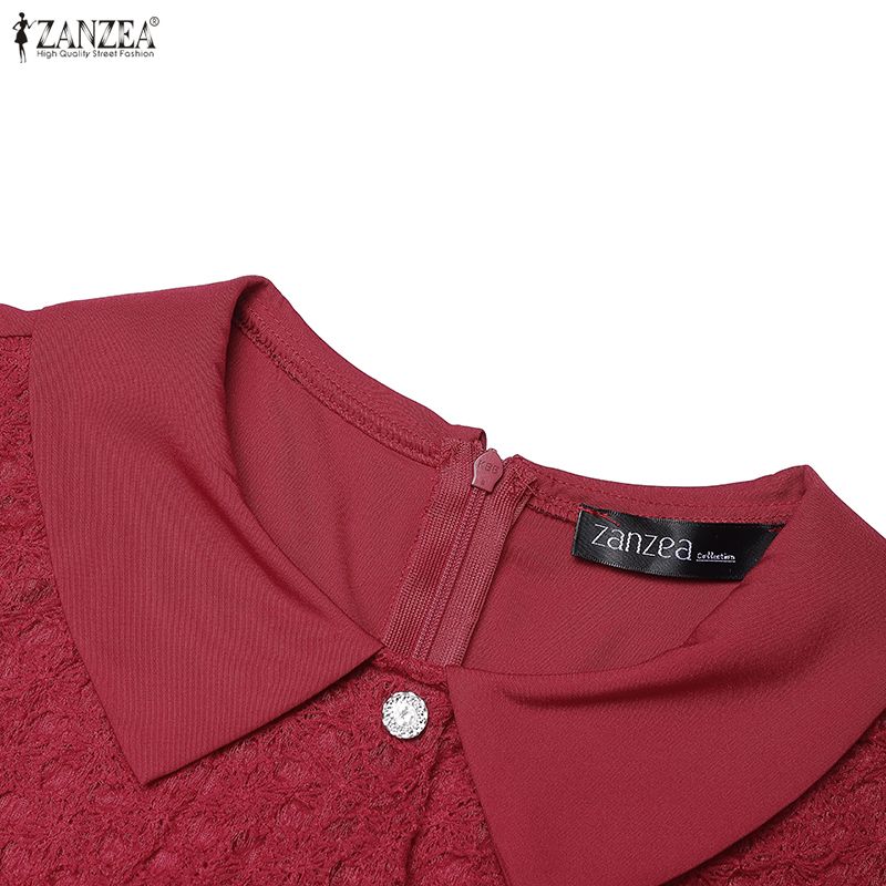 ZANZEA Women Casual Turn Down Collar Short Sleeve Patchwork Lace Dress