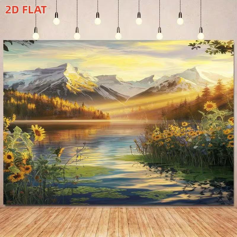 2D Printed Sunflower Lake Backdrop Snowy Mountain & Sunrise Background Cloth