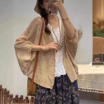 New Embroidery, Literary and Retro Versatile Sunscreen, Pure Cotton Embroidery, Seven-quarter Sleeve Outer Top, Women's Outer Top